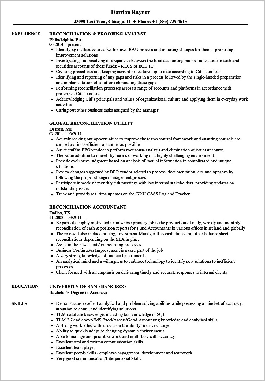 Bank Reconciliation Example For Resume