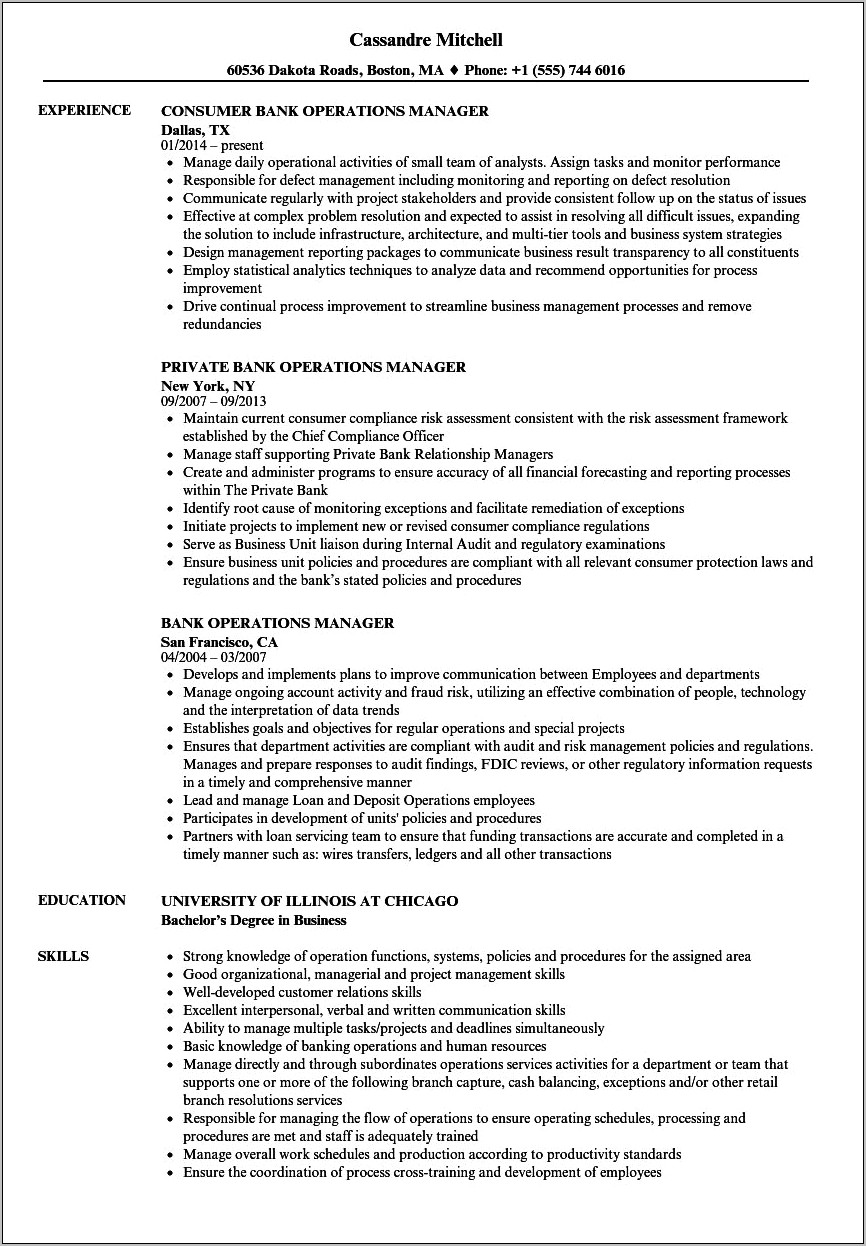 Bank Supervisor Job Description Resume