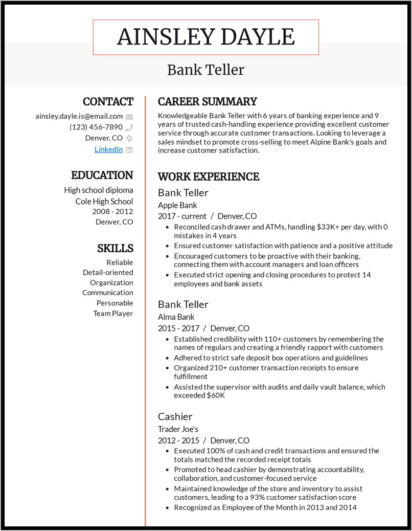 Bank Teller Resume Skills Samples