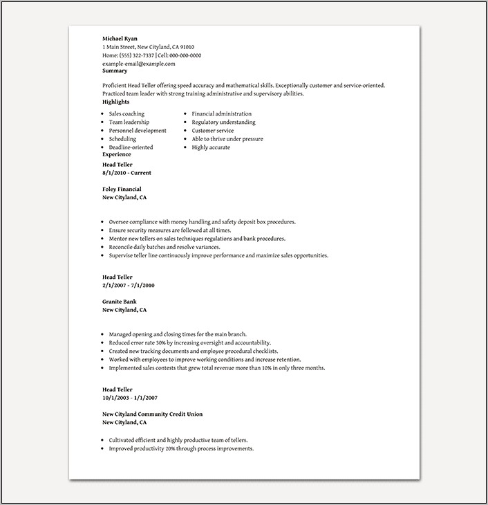 Bank Teller Resume Summary Sample