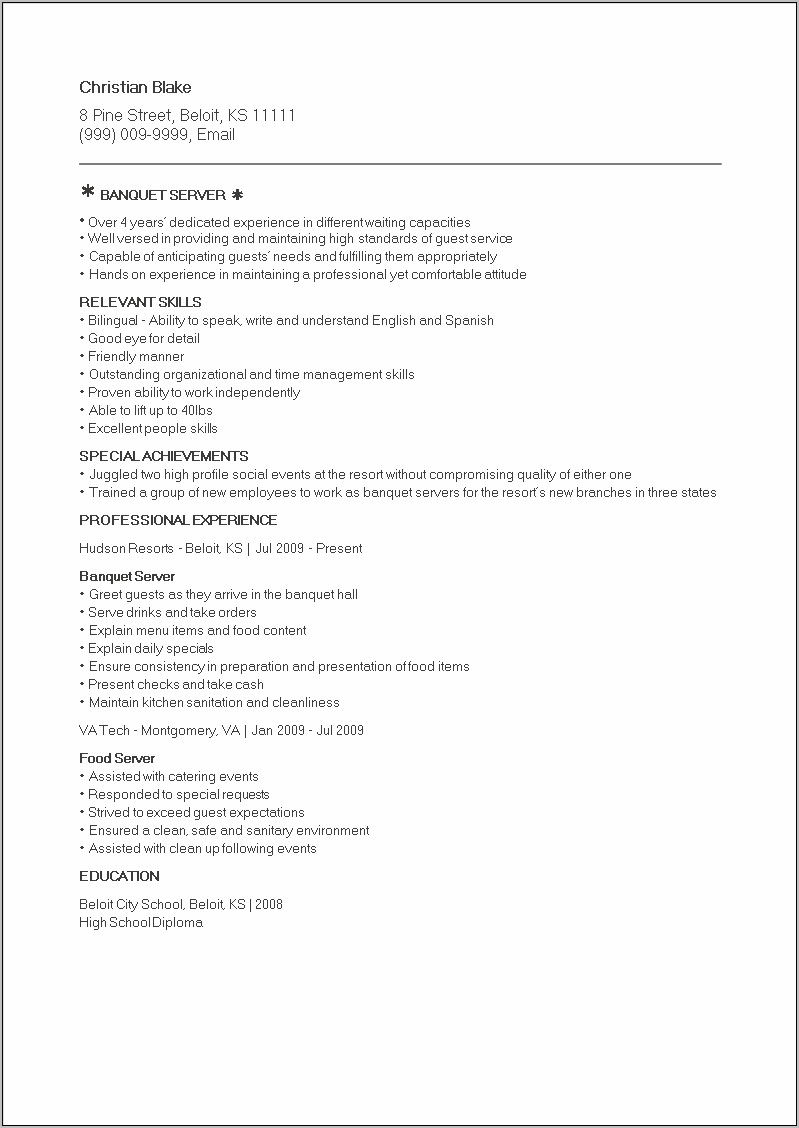 Banquet Hall Server Resume Sample