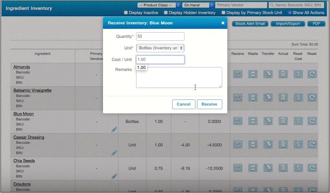 Bar Beverage Excel Format Inventory Template Download.xls