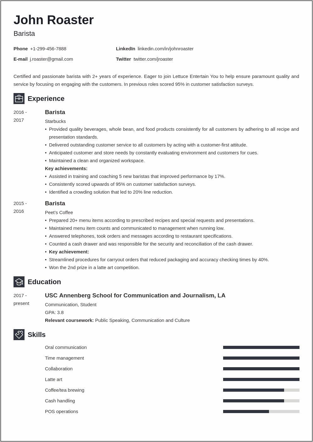 Barista Resume Objective No Experience