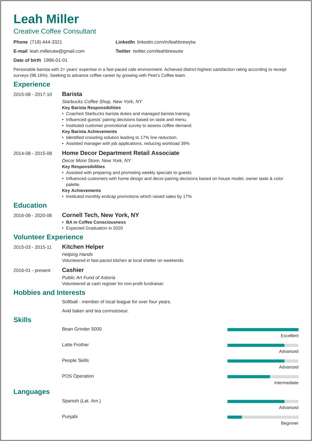 Barista Waitress Job Description Resume