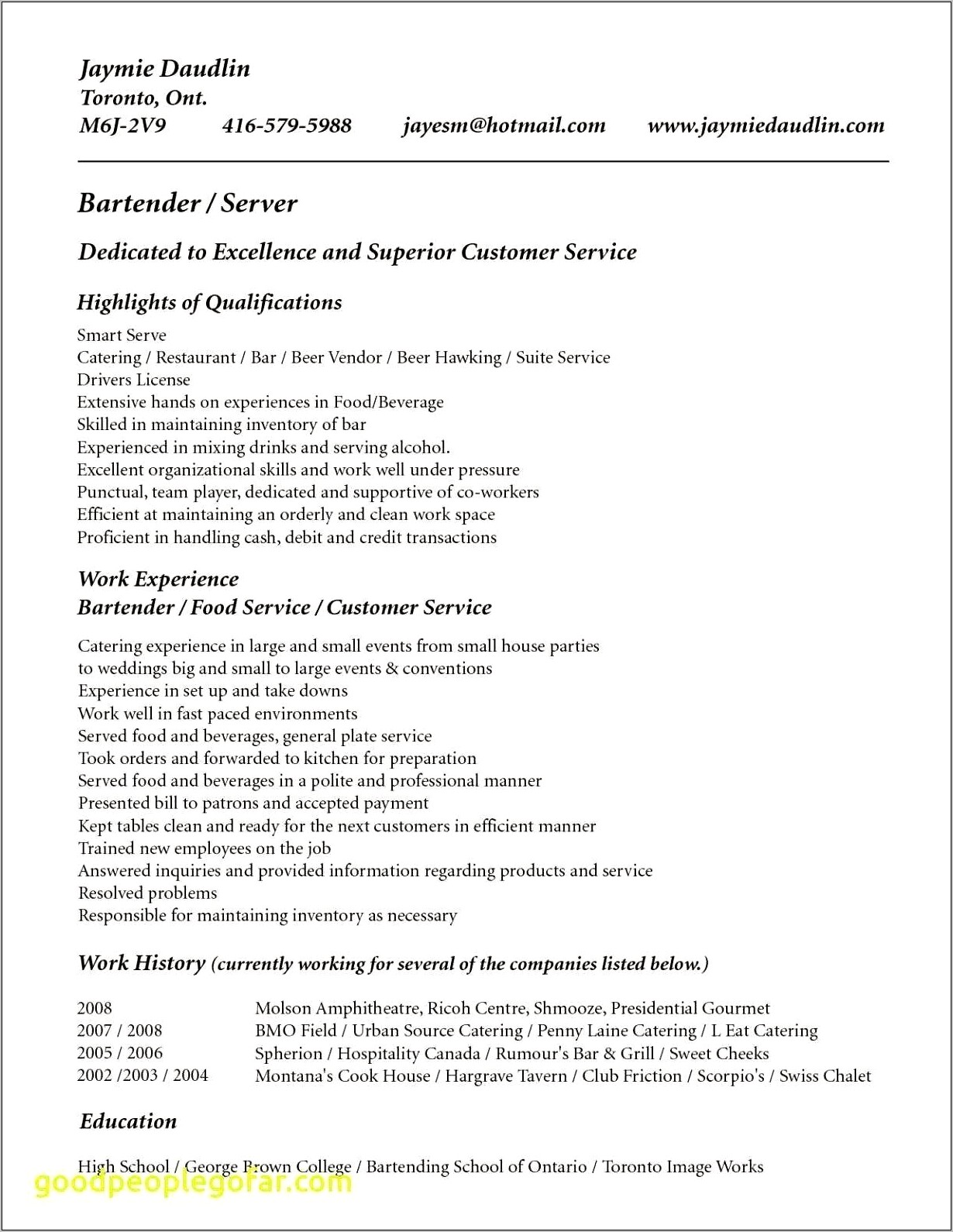 Bartender Banquet Server Resume Skills