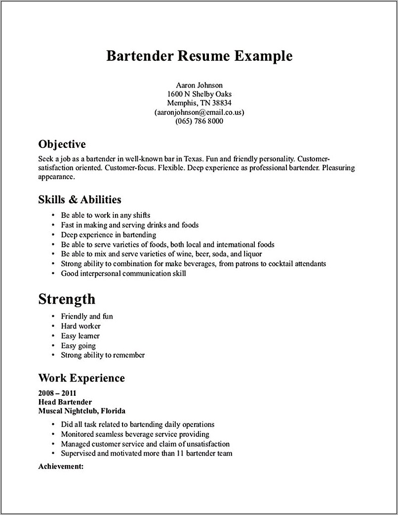 Bartender Customer Service Skills Resume