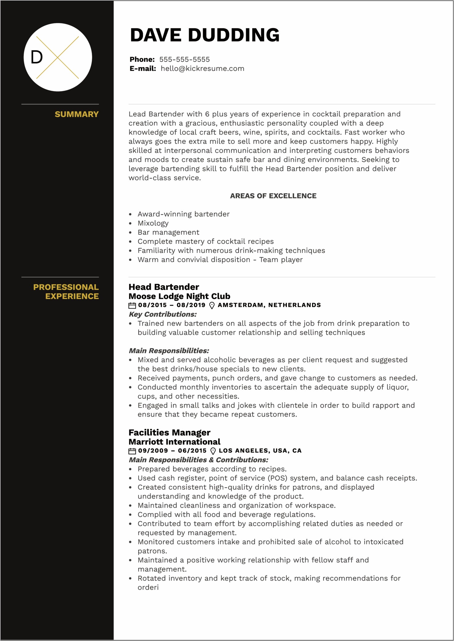 Bartender Server Resume Job Description