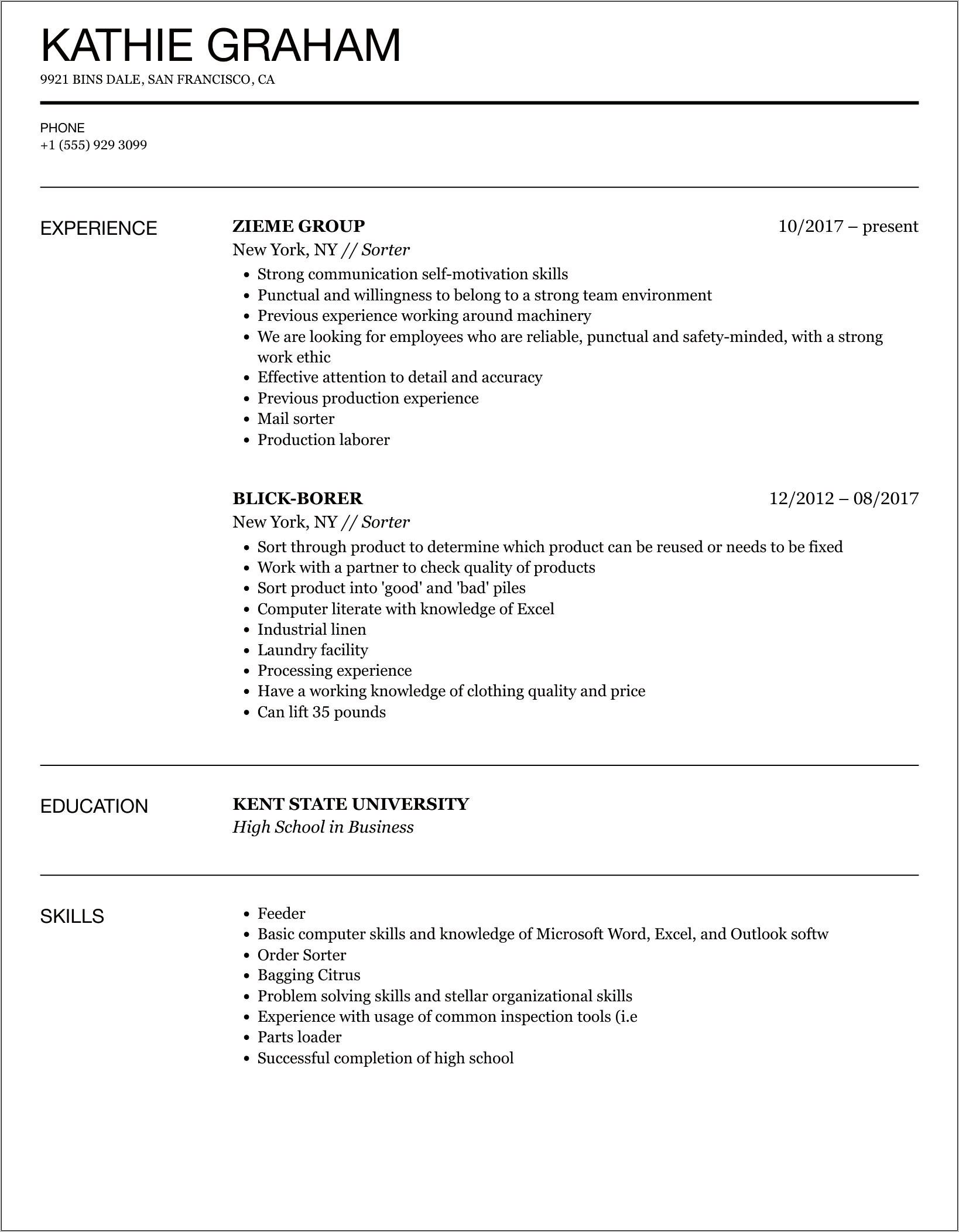 Basic Computer Skills Resume Example