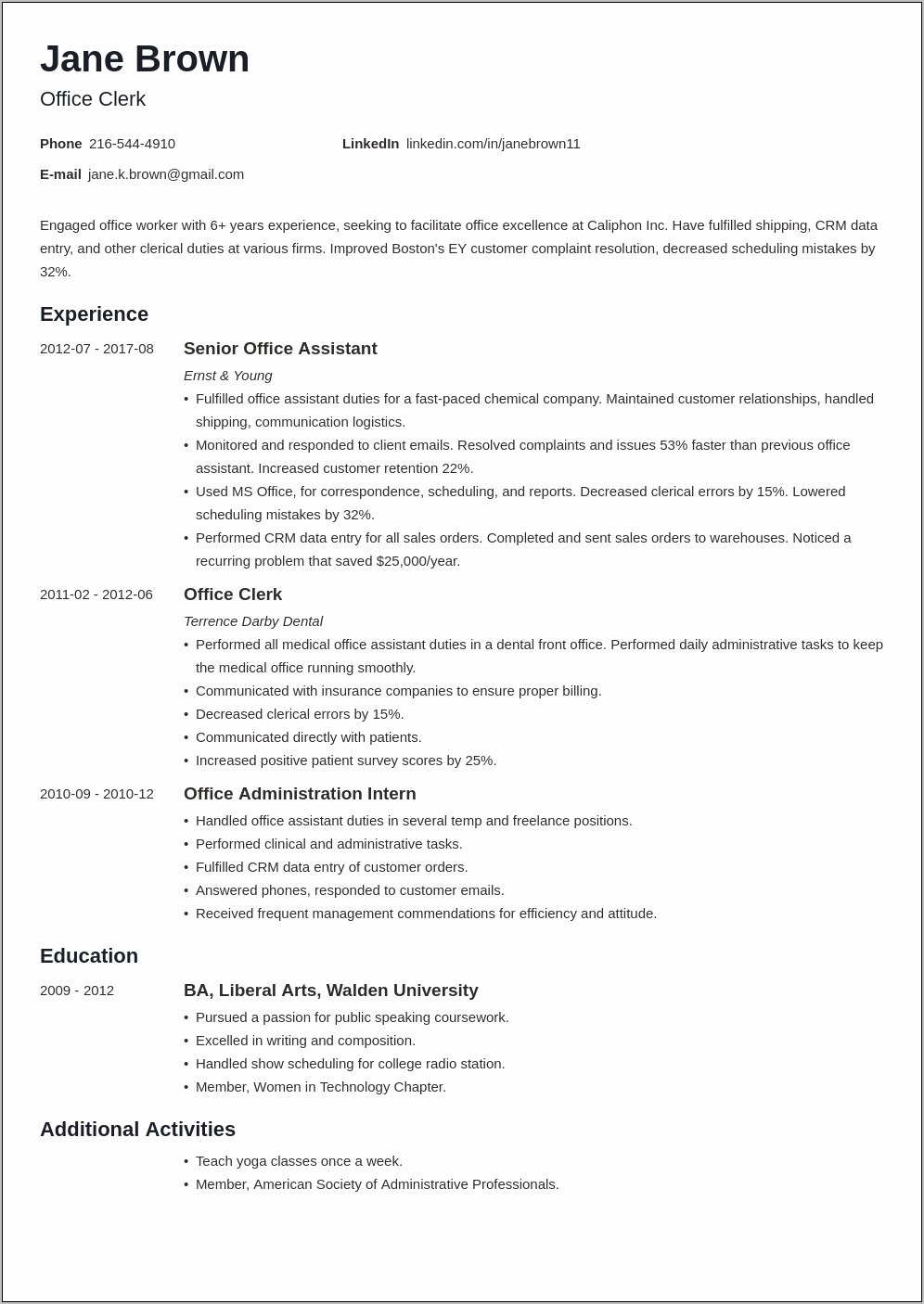 Basic Office Clerk Resume Sample