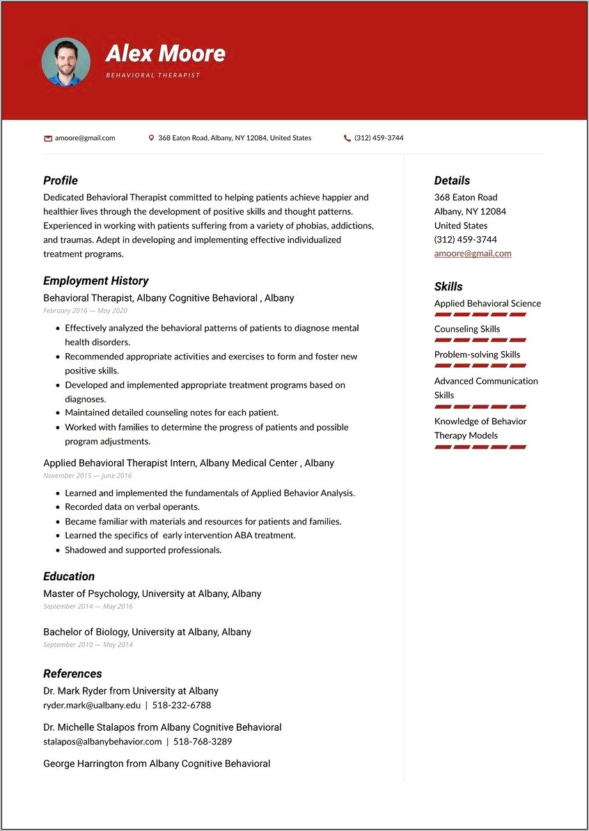 Behavioral Health Therapist Resume Example