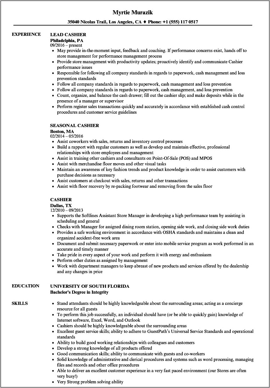 Best Buy Resume Cashier Example