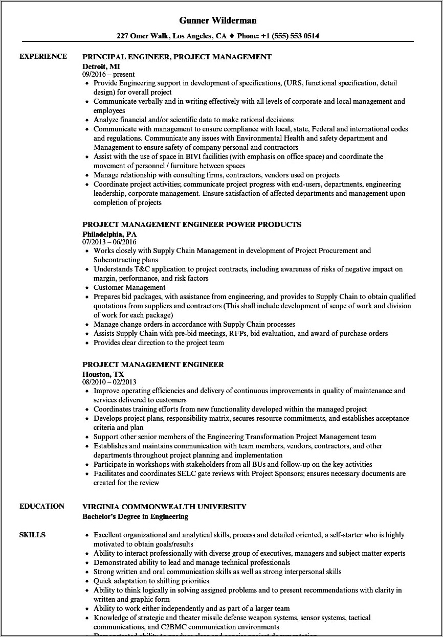 Best Engineering Project Manager Resume