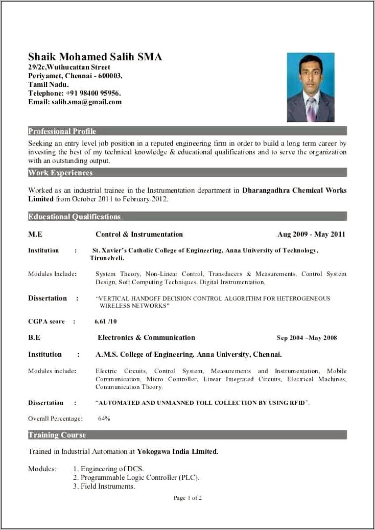 Best Engineering Resume For Freshers