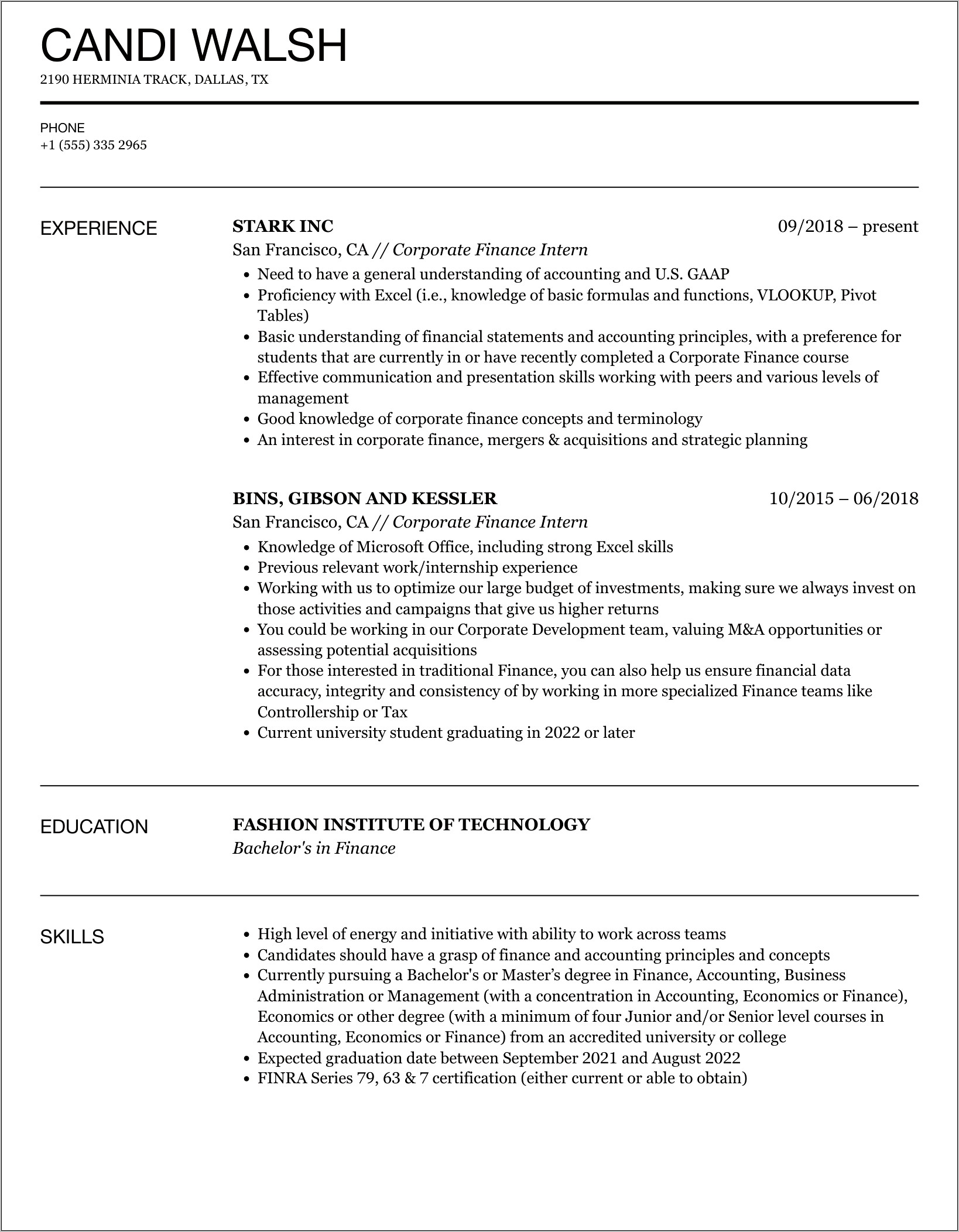 Best Finance Intern Resume Sample