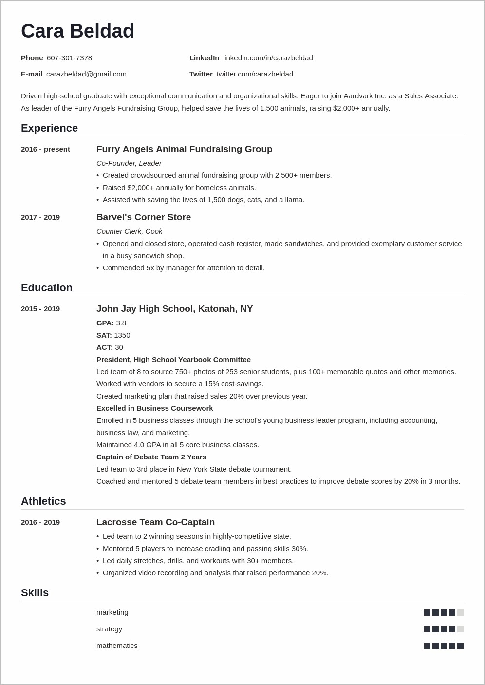 Best High Schoolstudent Resume Examples