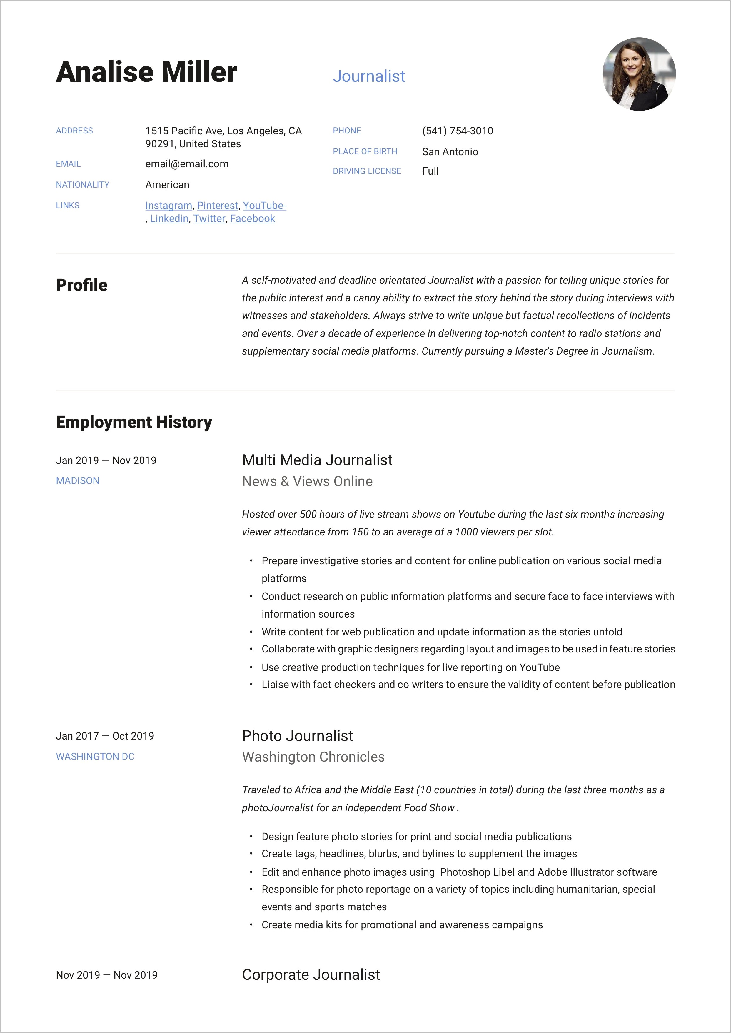 Best Journalism Recent Grad Resume