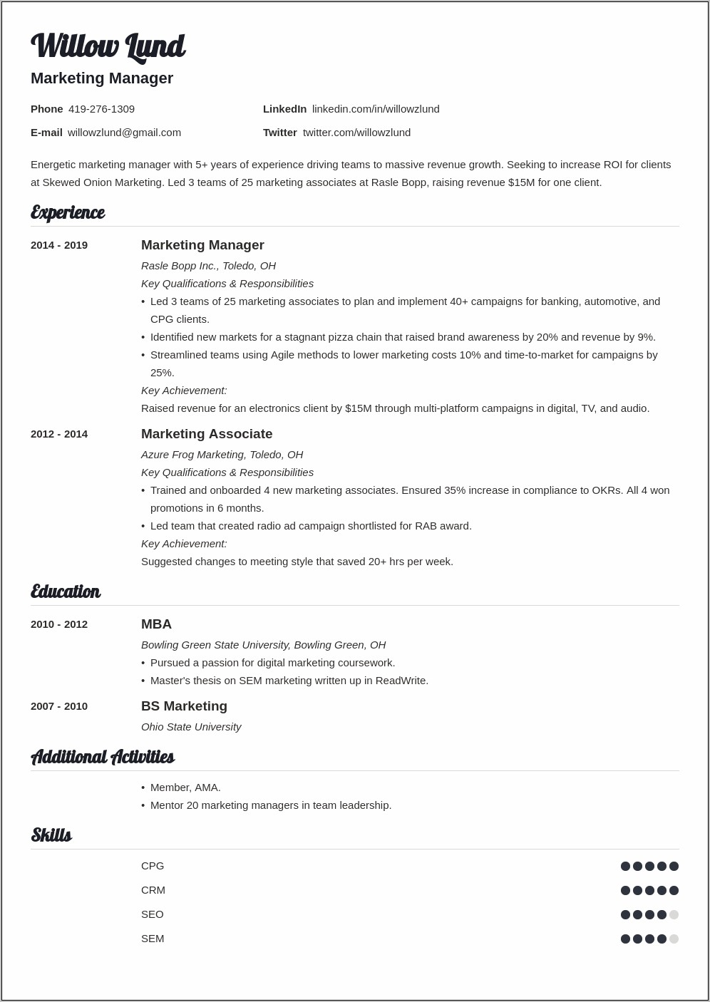 Best Marketing Manager Resume Sentences