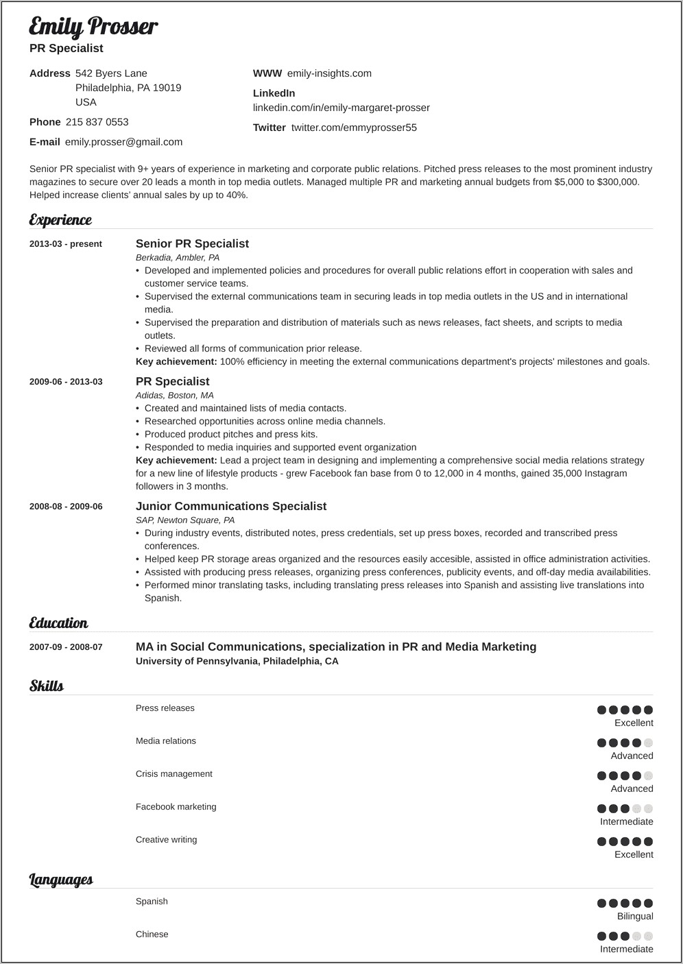 Best Music Public Relations Resume