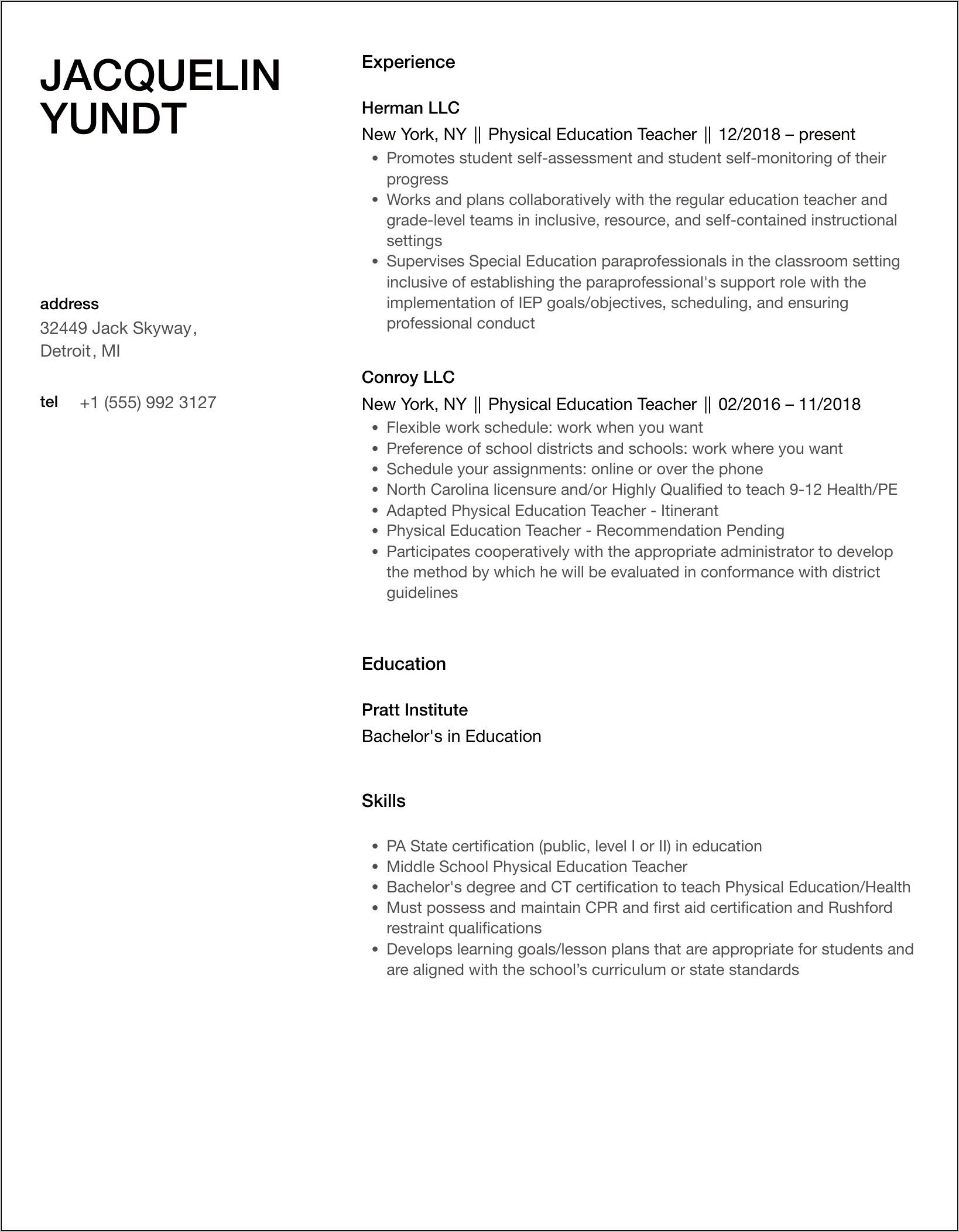 Best Physical Education Teacher Resume