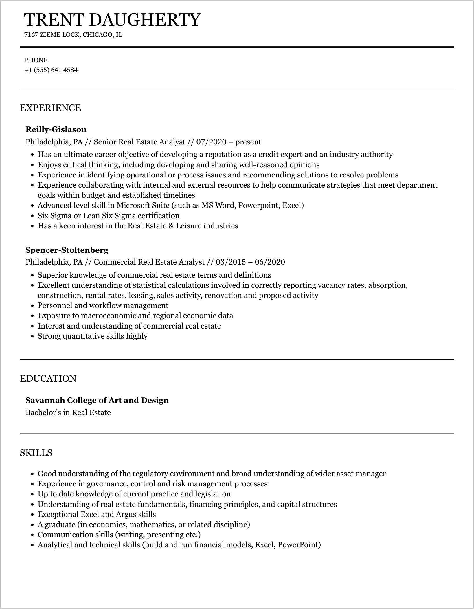 Best Real Estate Analyst Resume