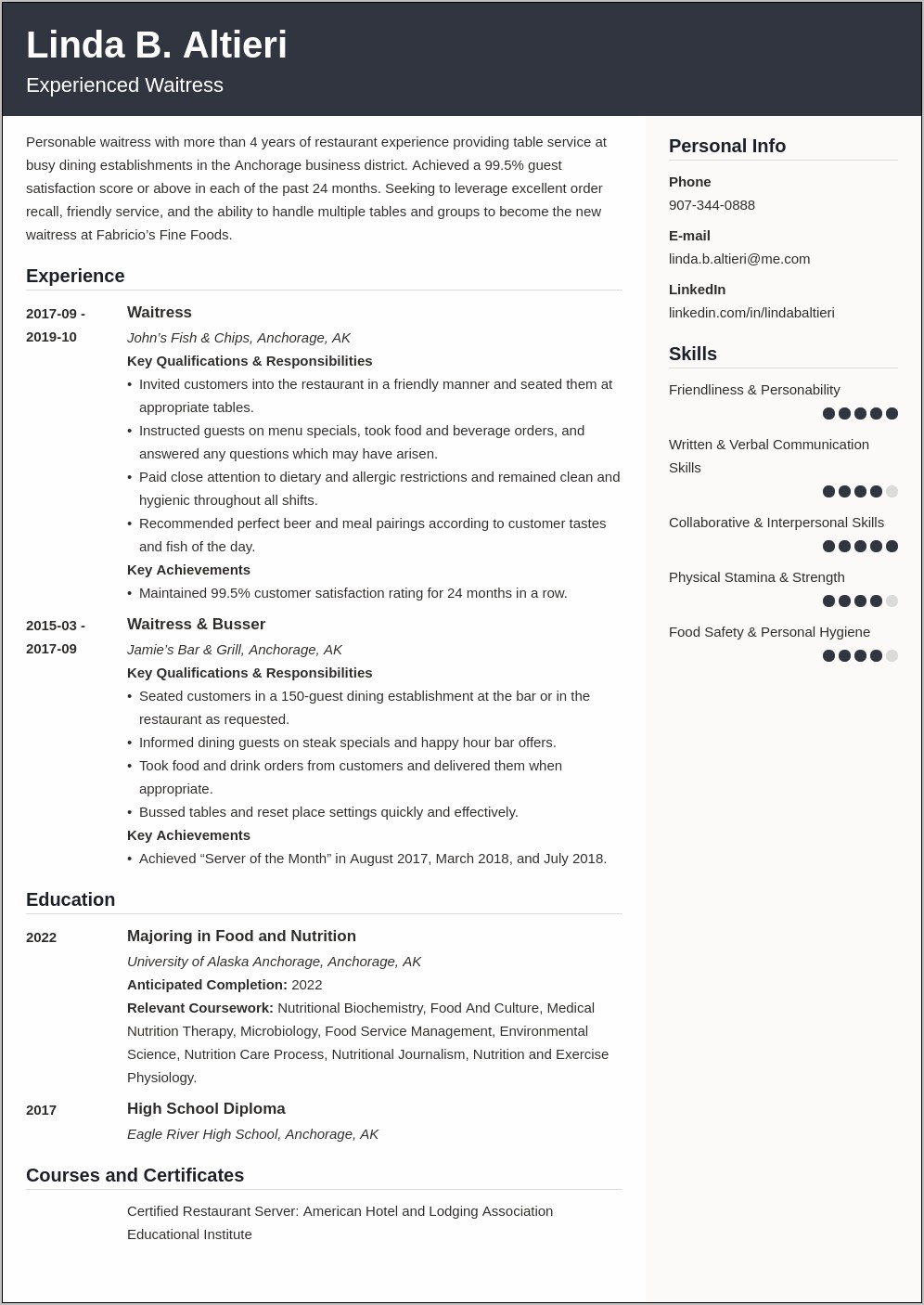 Best Resume Description Of Waitress