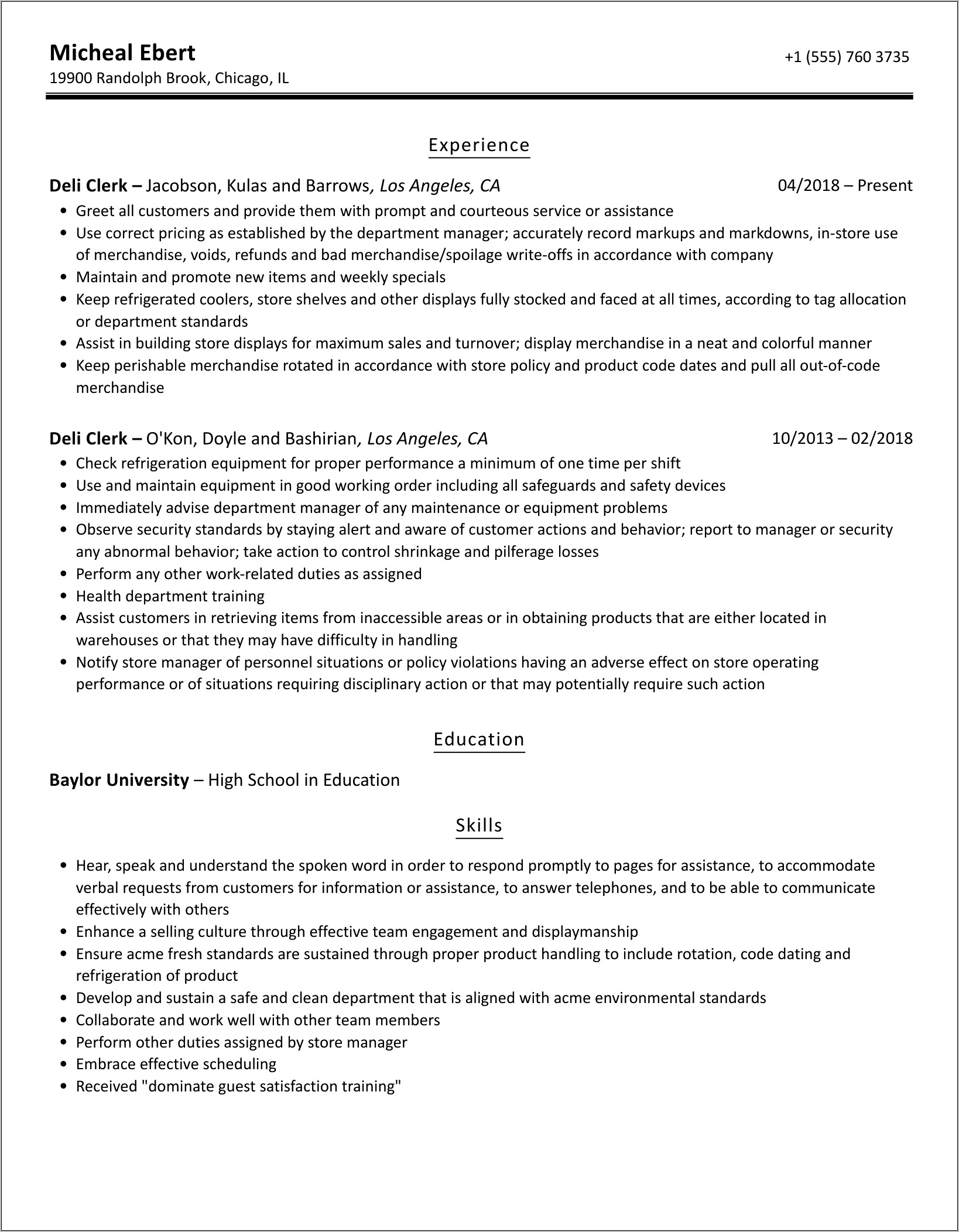 Best Resume For Deli Person