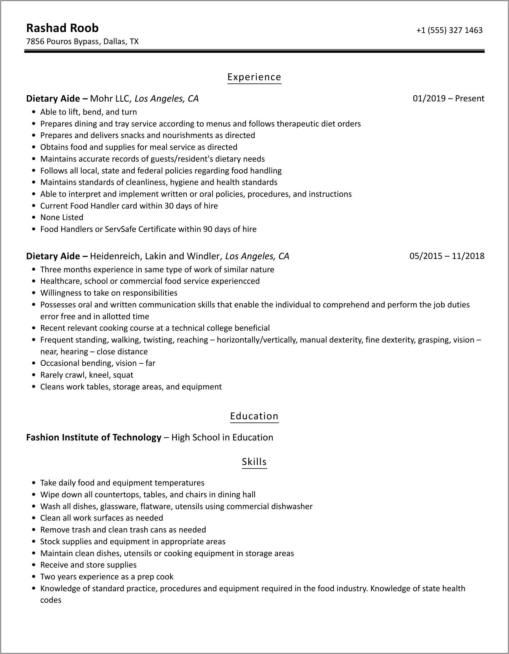 Best Resume For Dietary Aide