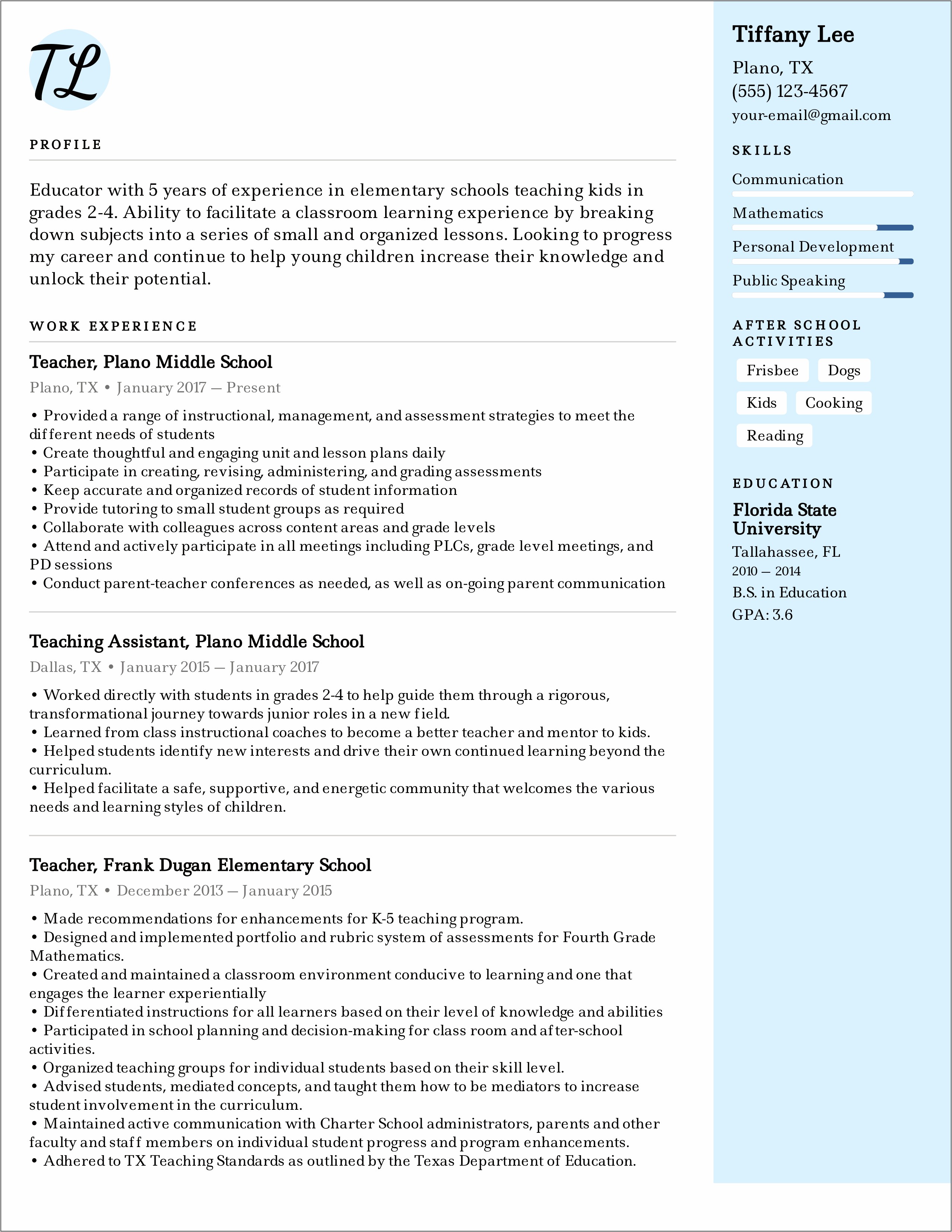 Best Resume For Experienced Teacher