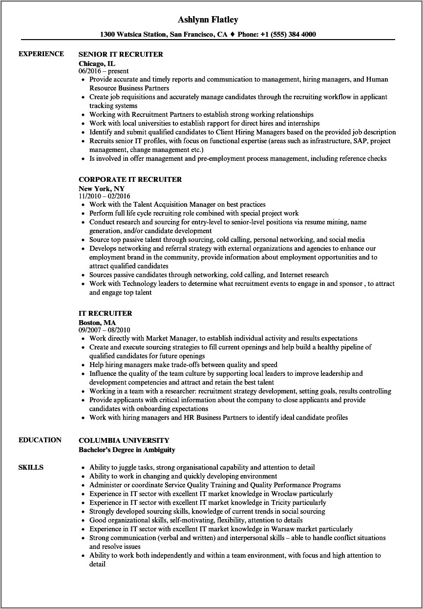 Best Resume For Recruiter Position