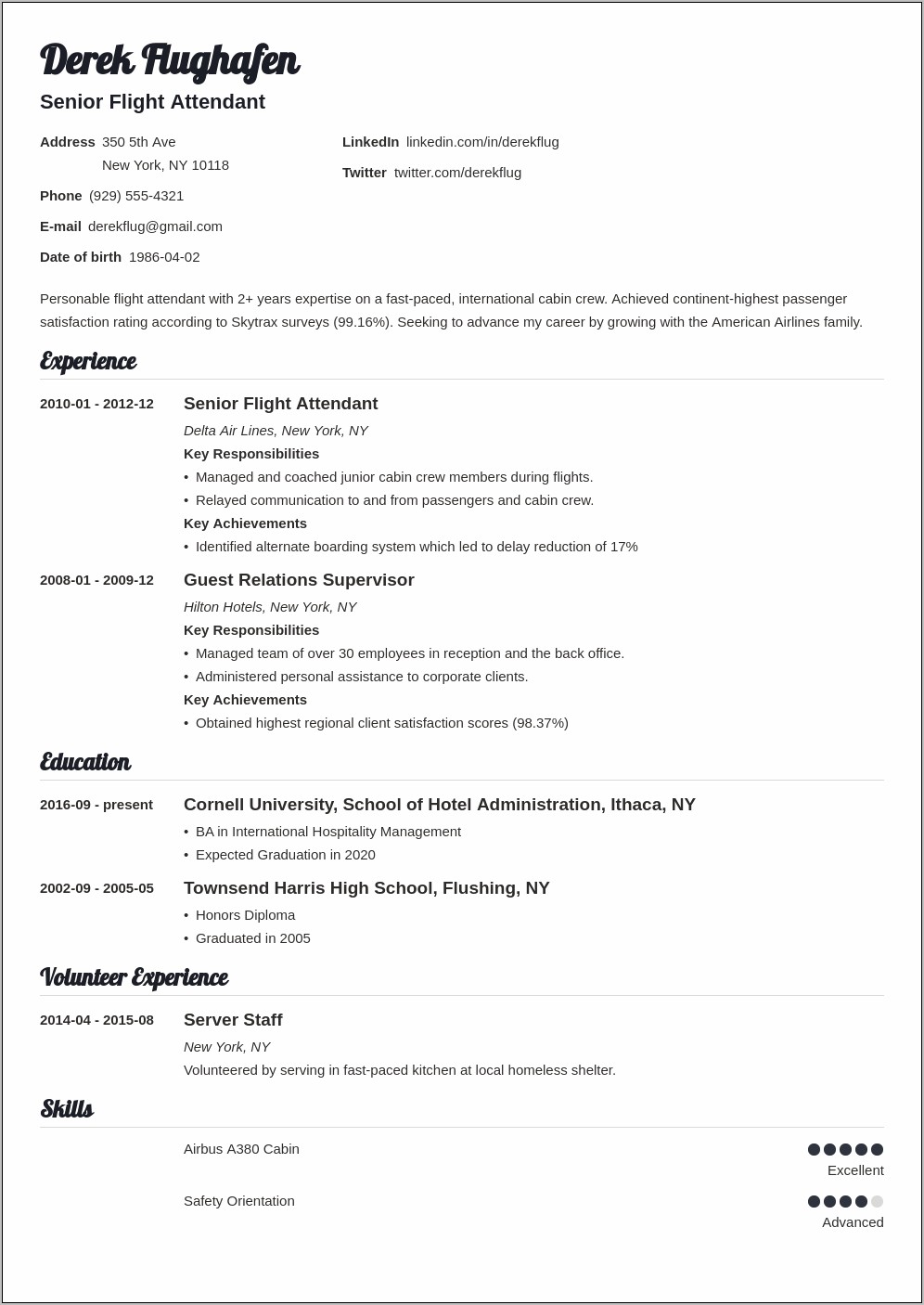 Best Resume Sample Cabin Crew