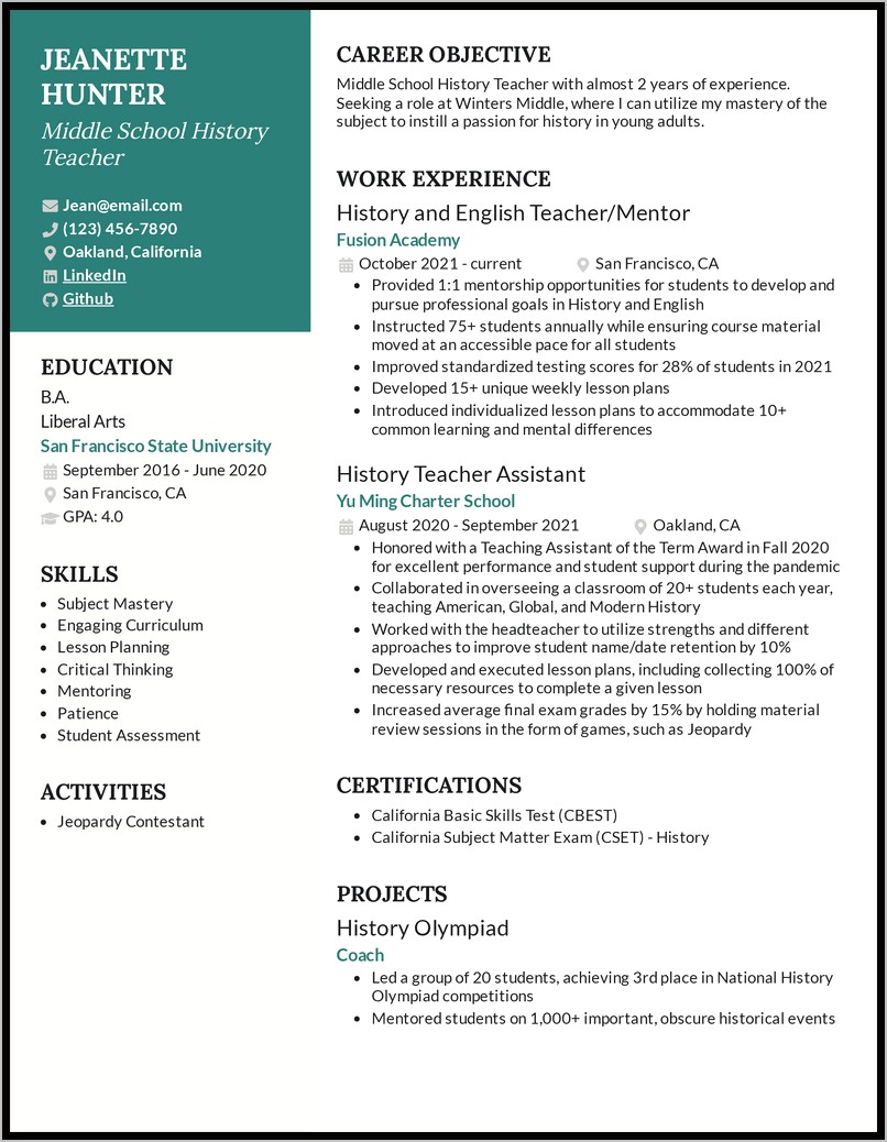 Best Sample Resumes For Teachers