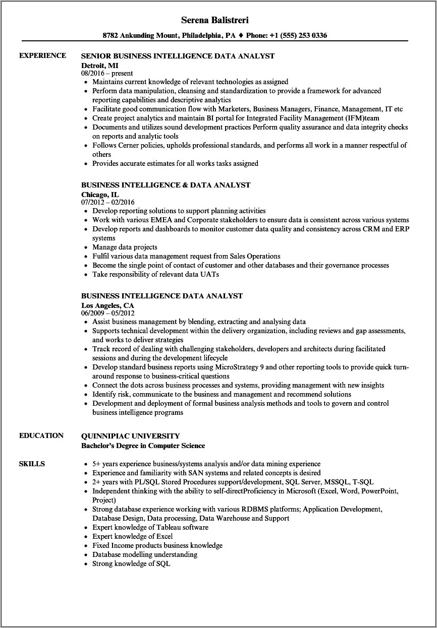 Bi Business Analyst Sample Resume