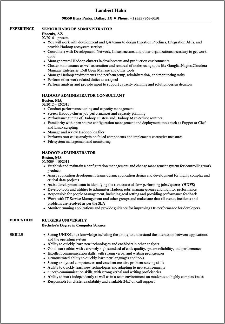 Big Data Hadoop Resume Sample