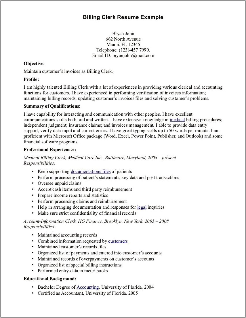 Billing Assistant Job Description Resume