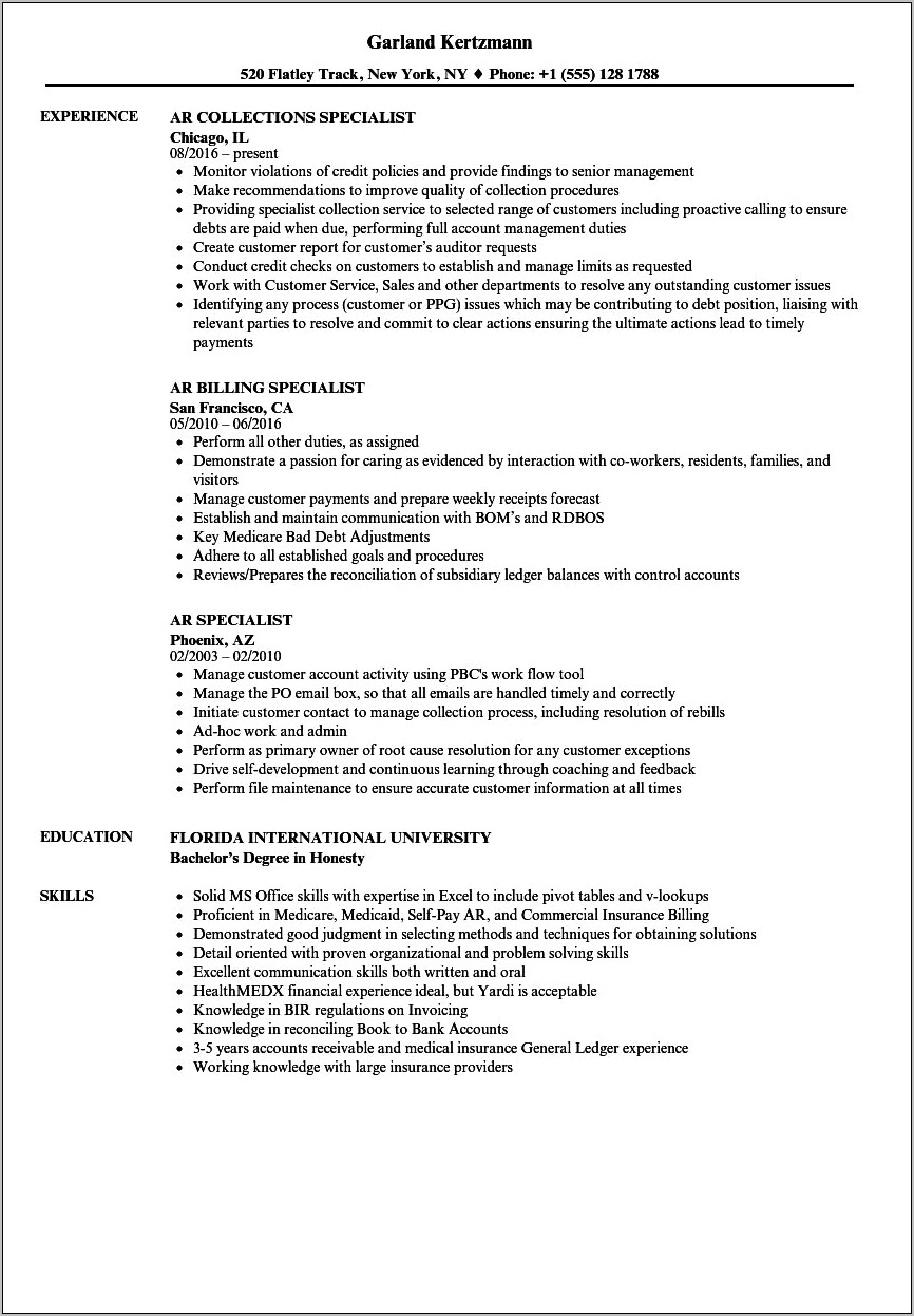 Billing Specialist Job Duties Resume