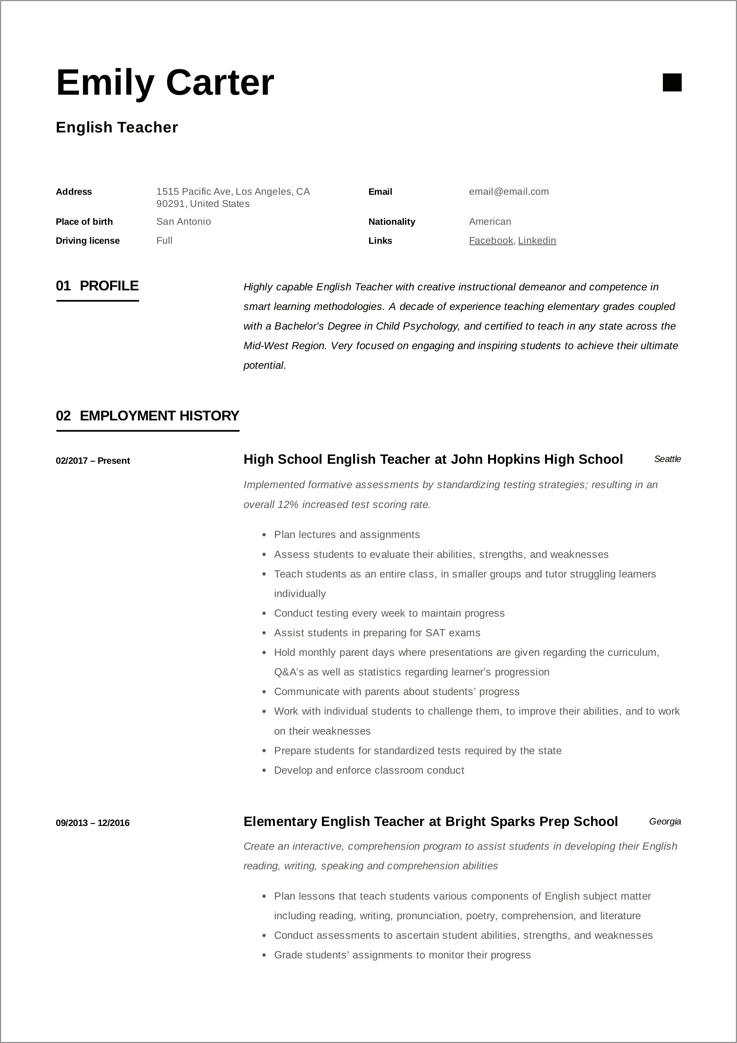 Bio For Resume Teacher Job