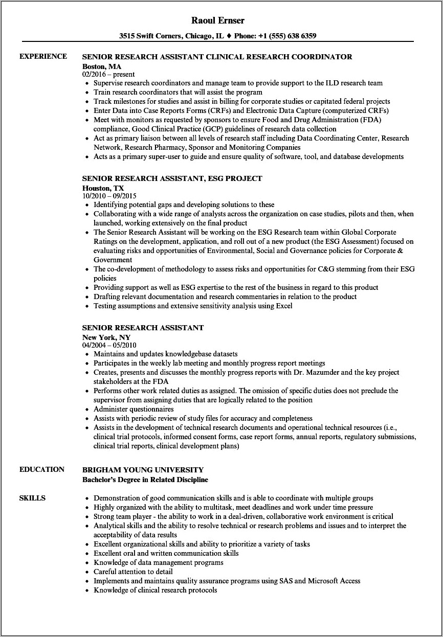 Biology Research Assistant Resume Sample