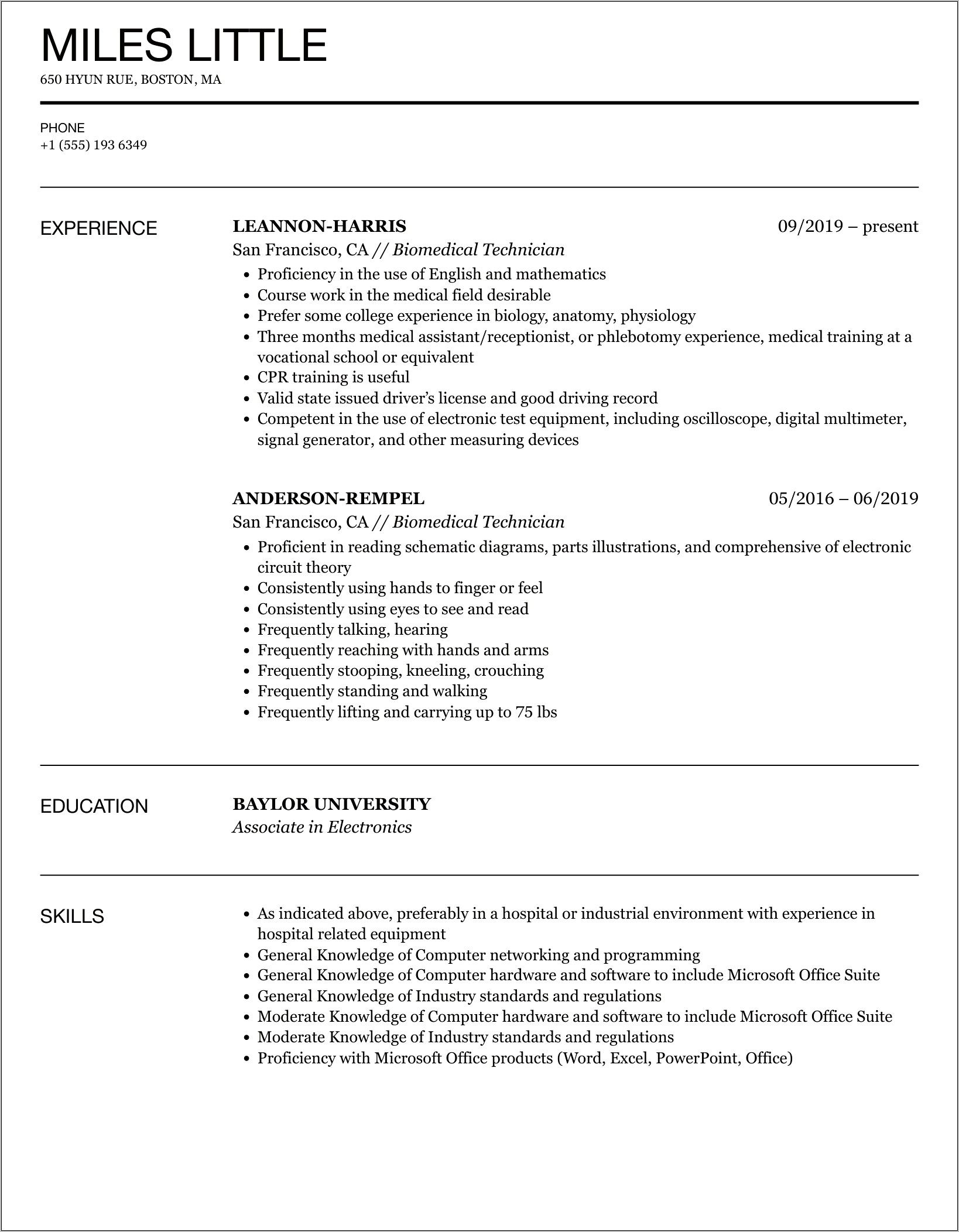 Biomedical Technician Resume Example Bestsampleresumebestsampleresume