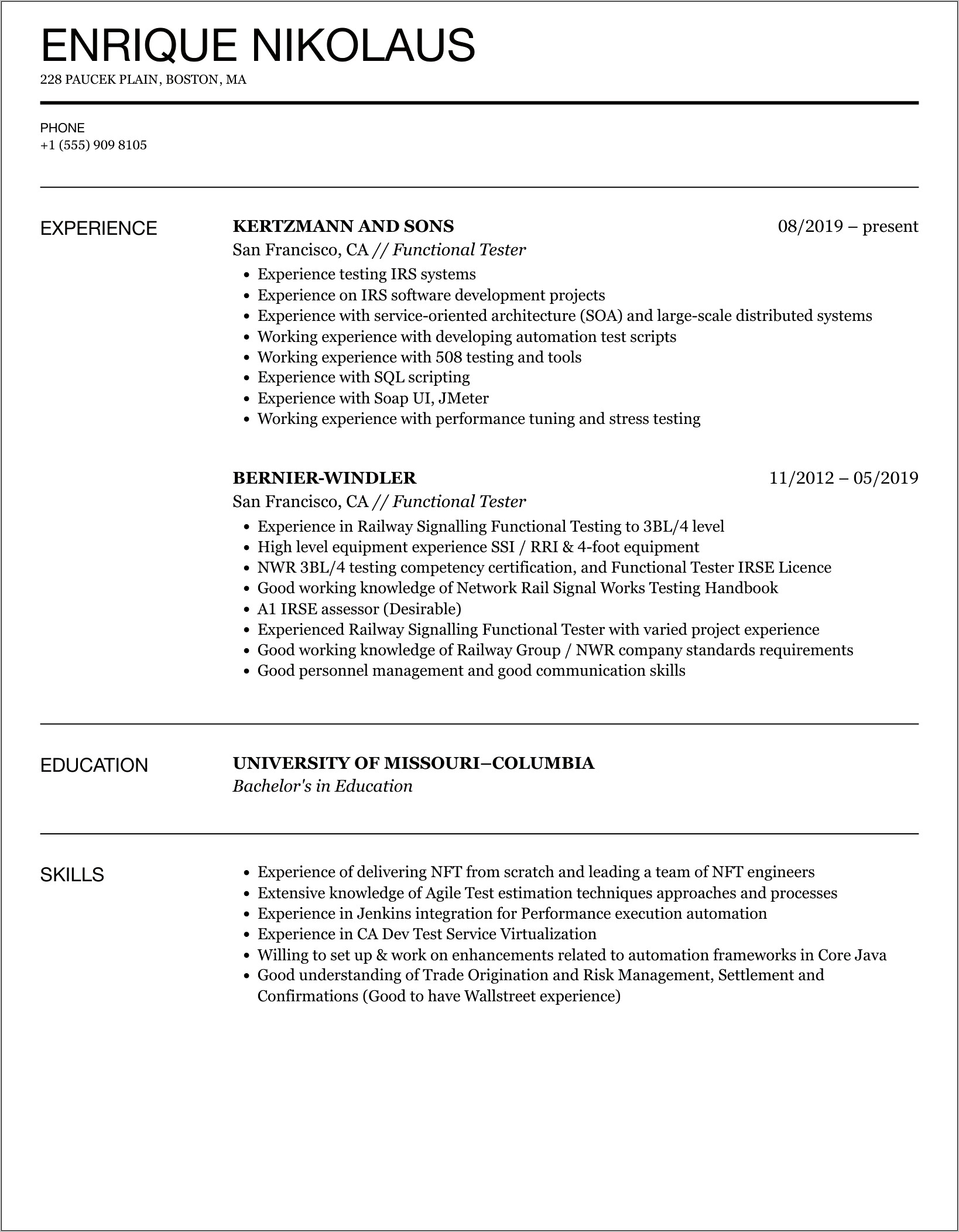 Black Box Testing Sample Resume