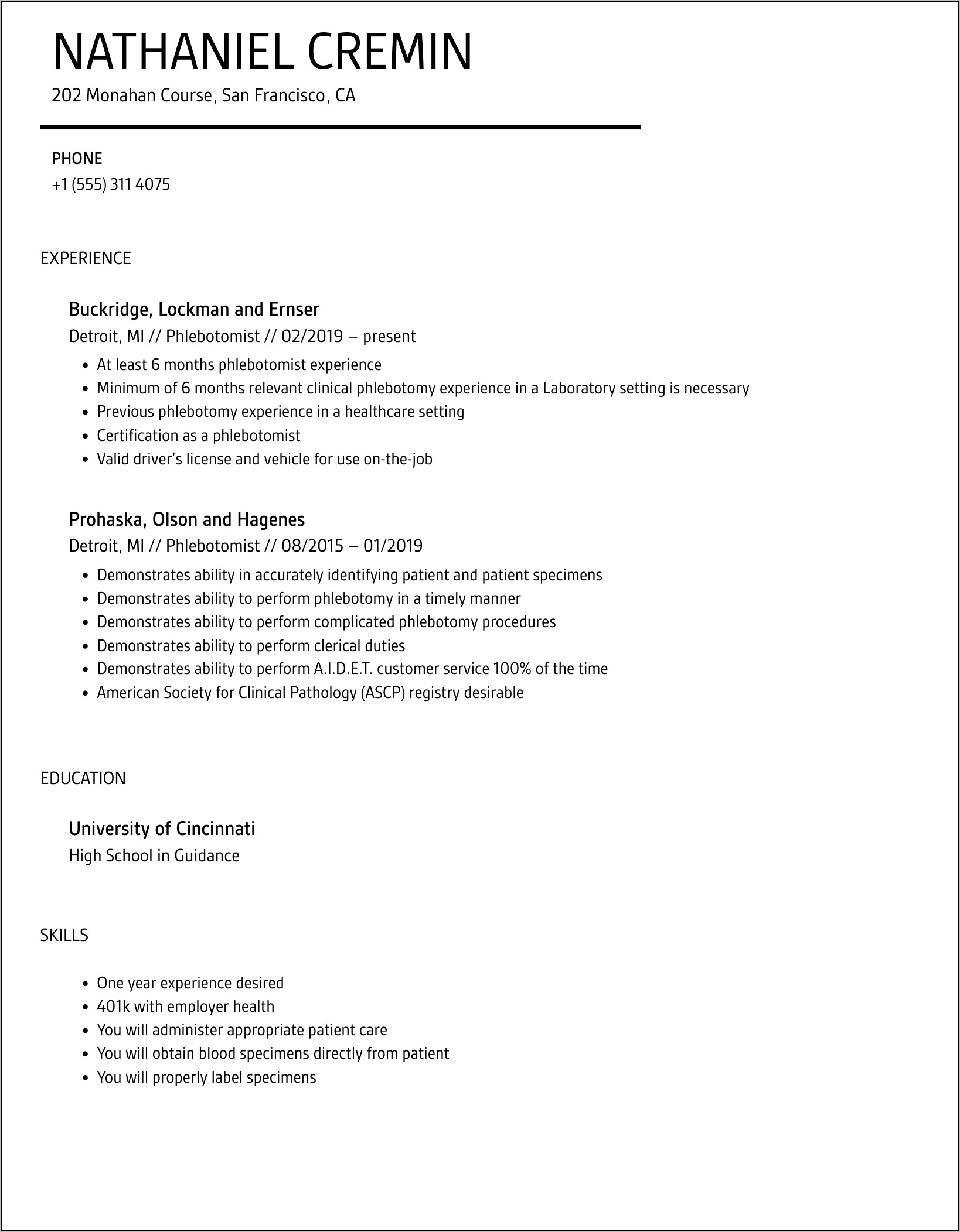 Blood Bank Phlebotomist Resume Skills