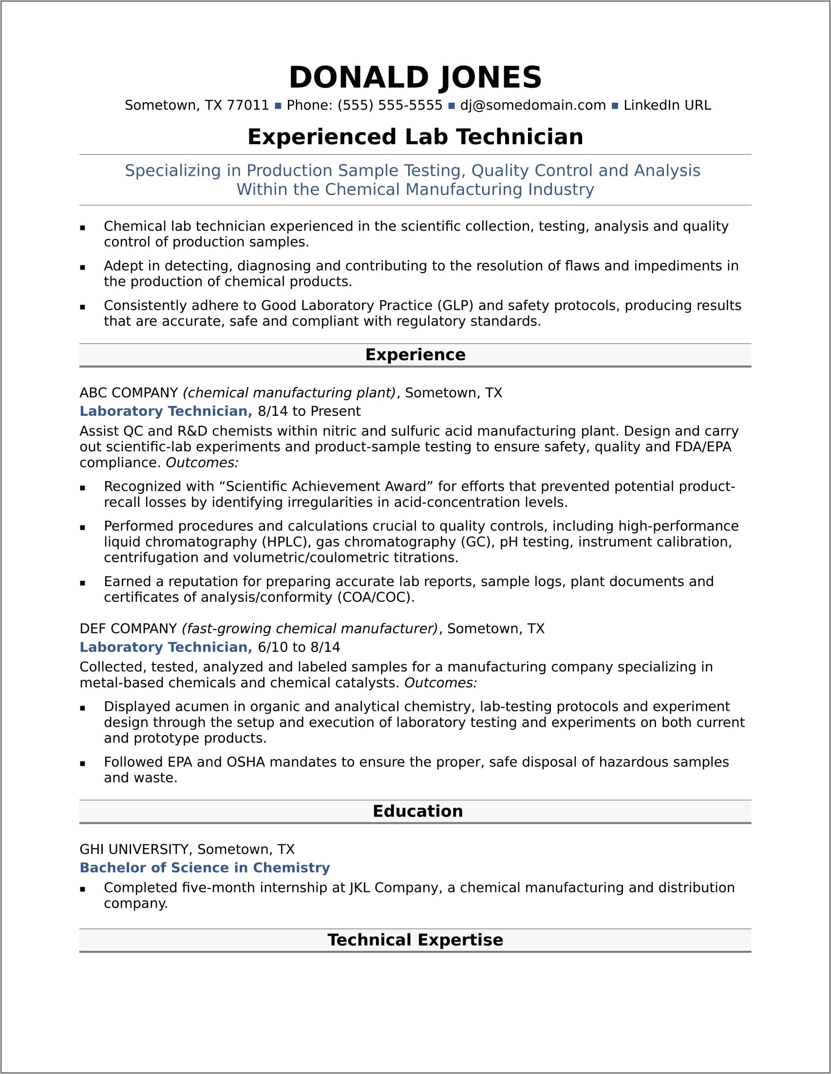 Blood Bank Technician Resume Sample