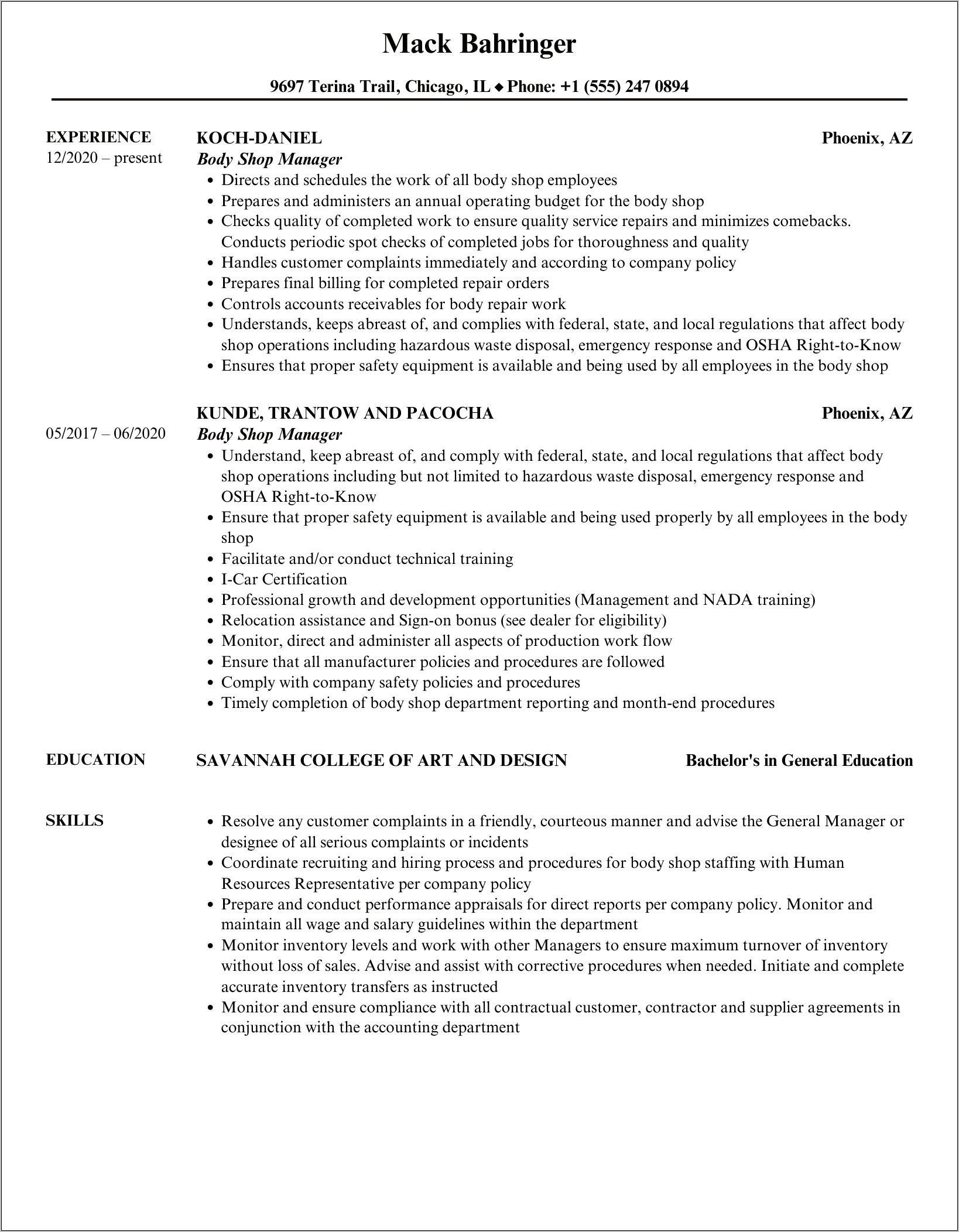 Body Shop Production Manager Resume