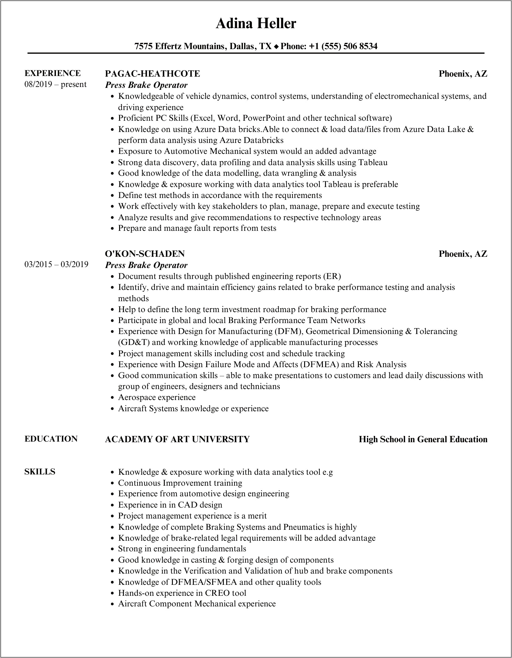 Brake Press Operator Sample Resume