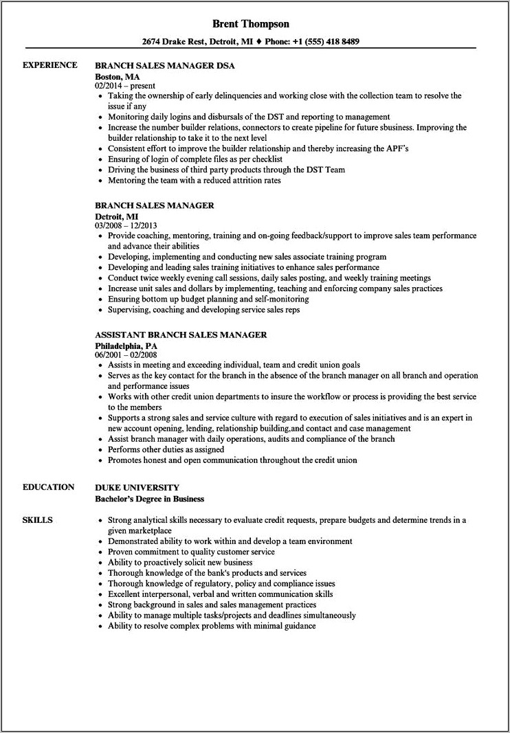Branch Office Manager Resume Sample
