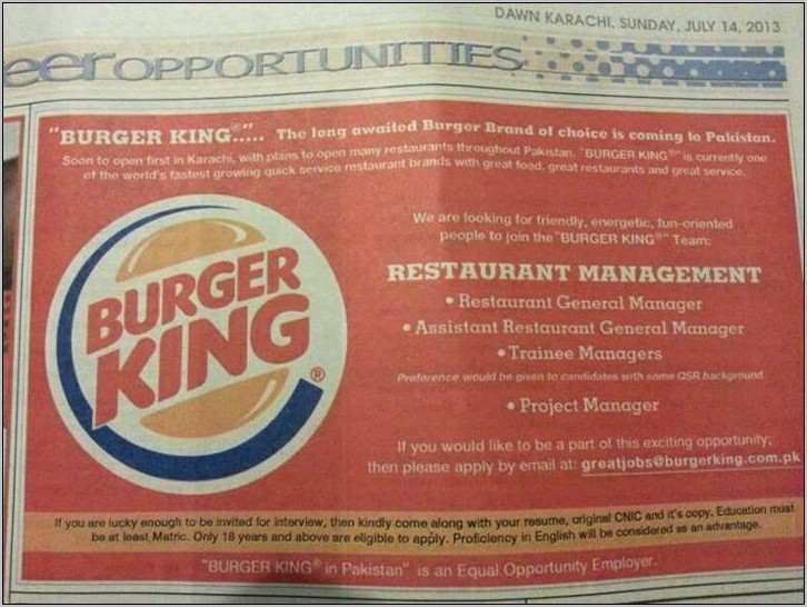 Burger King Assistant Manager Resume