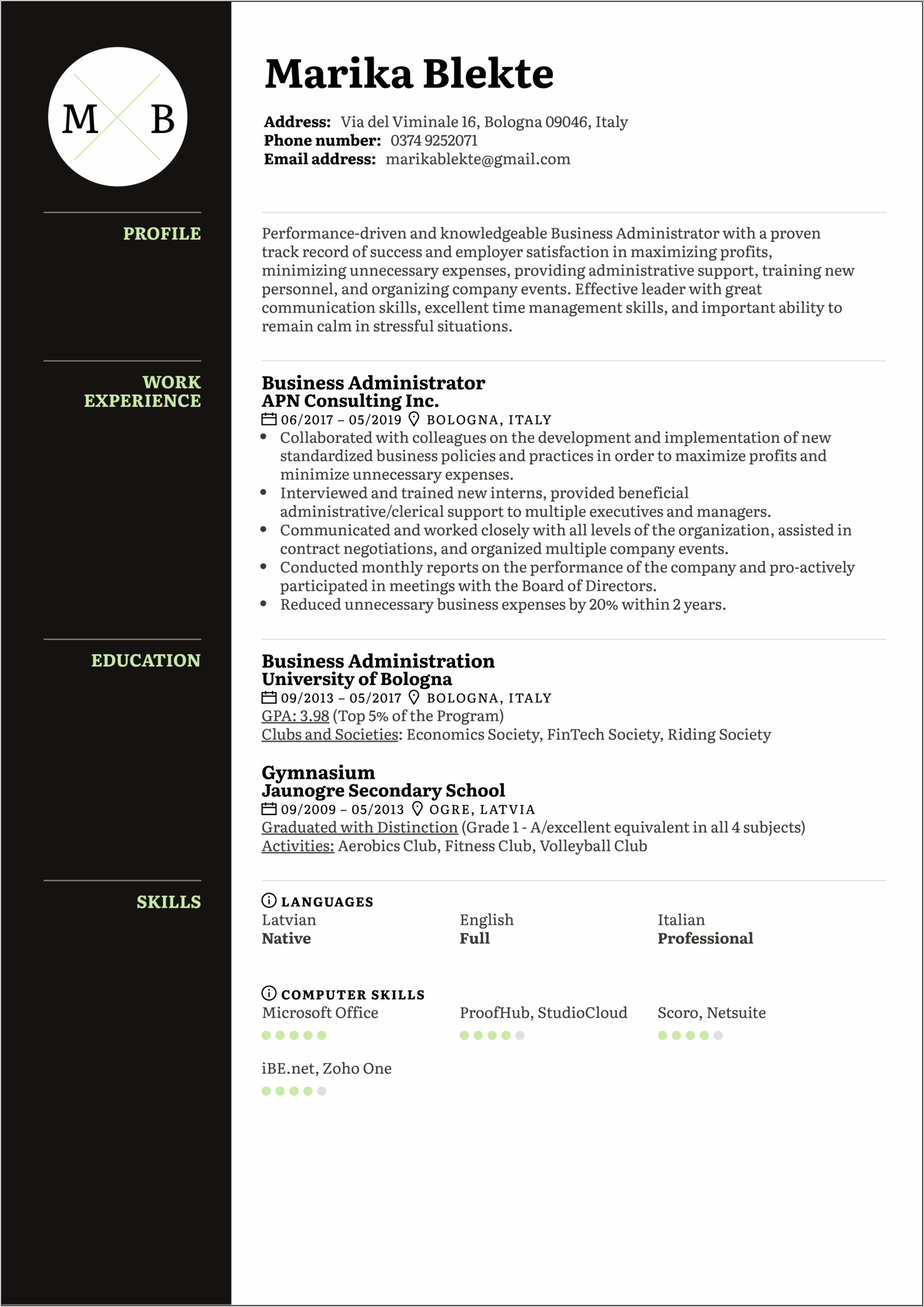 Business Administration Objective On Resume