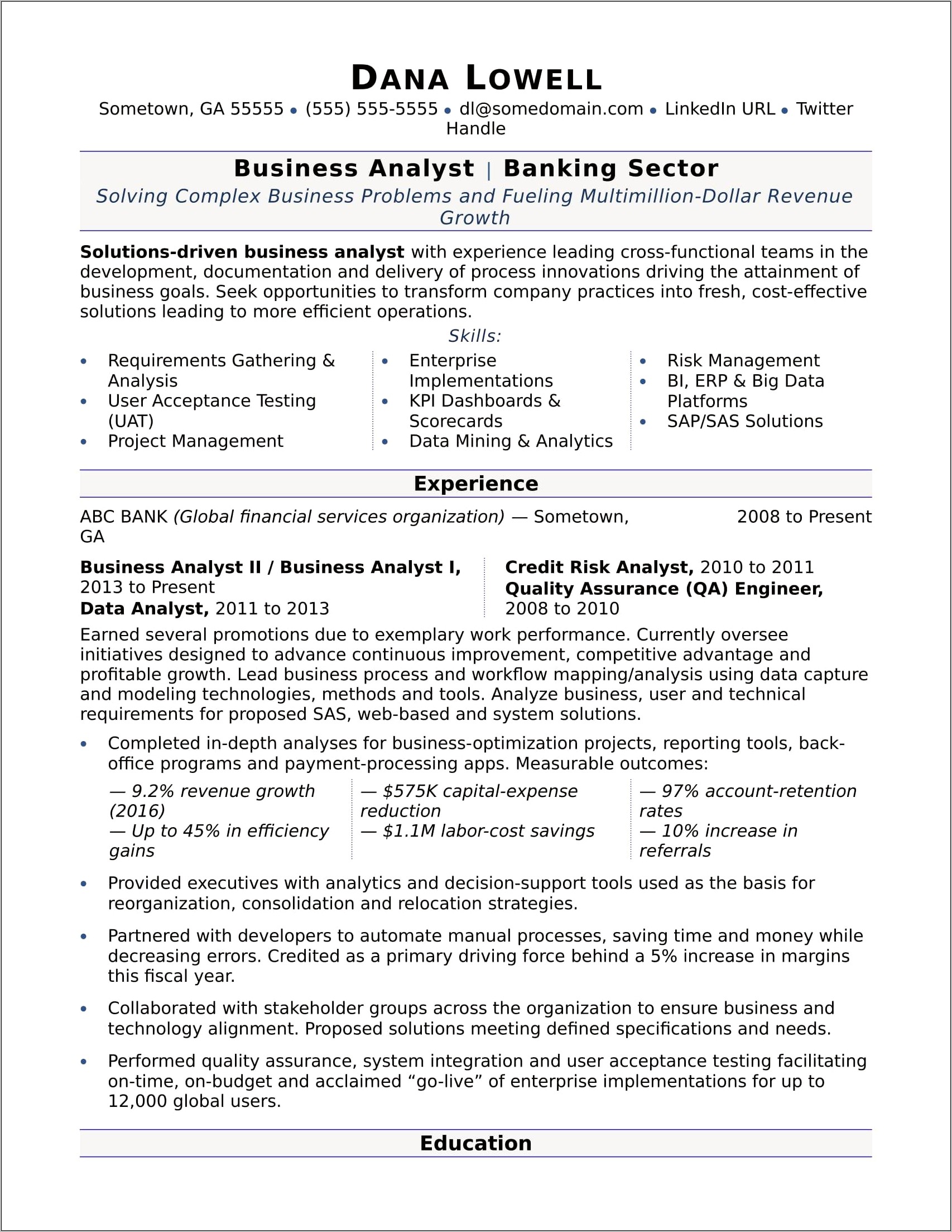Business Analyst Beginner Resume Sample