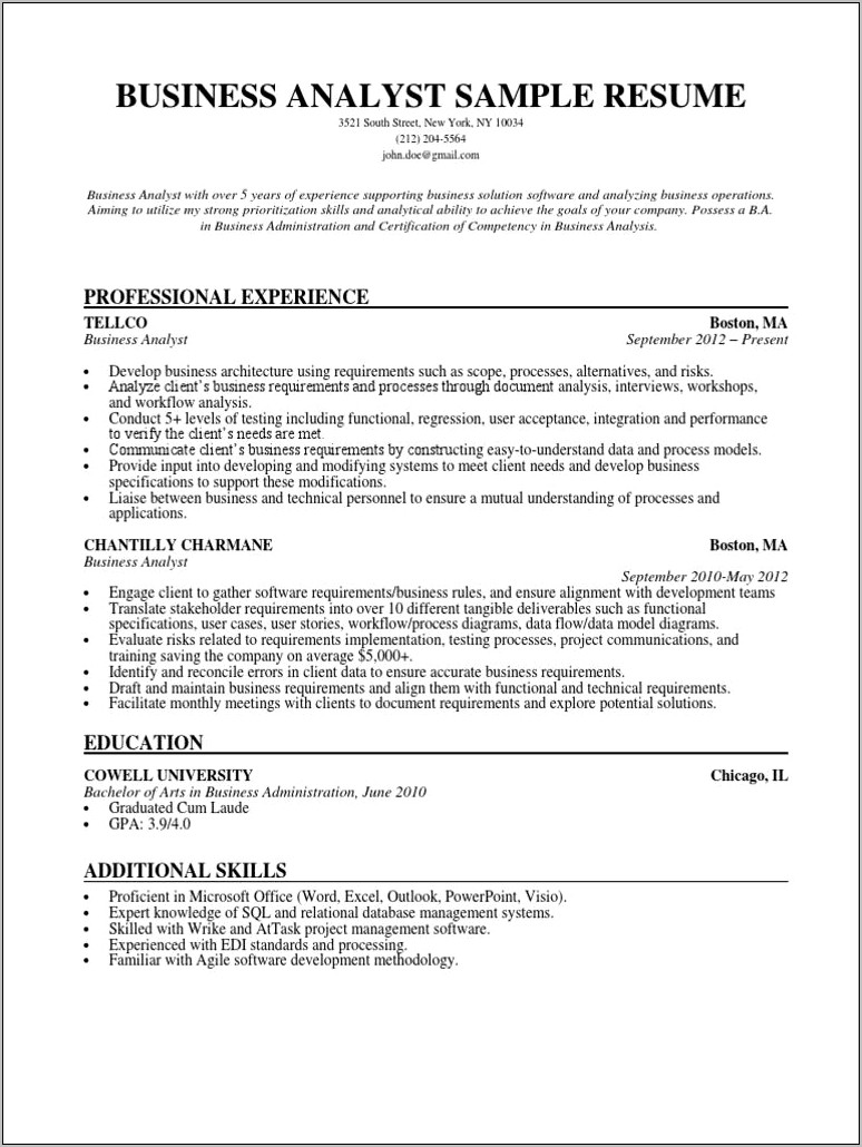 Business Analyst Project Management Resume