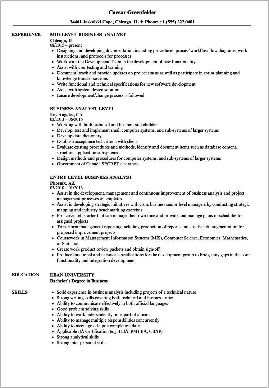 Business Analyst Resume Canada Sample