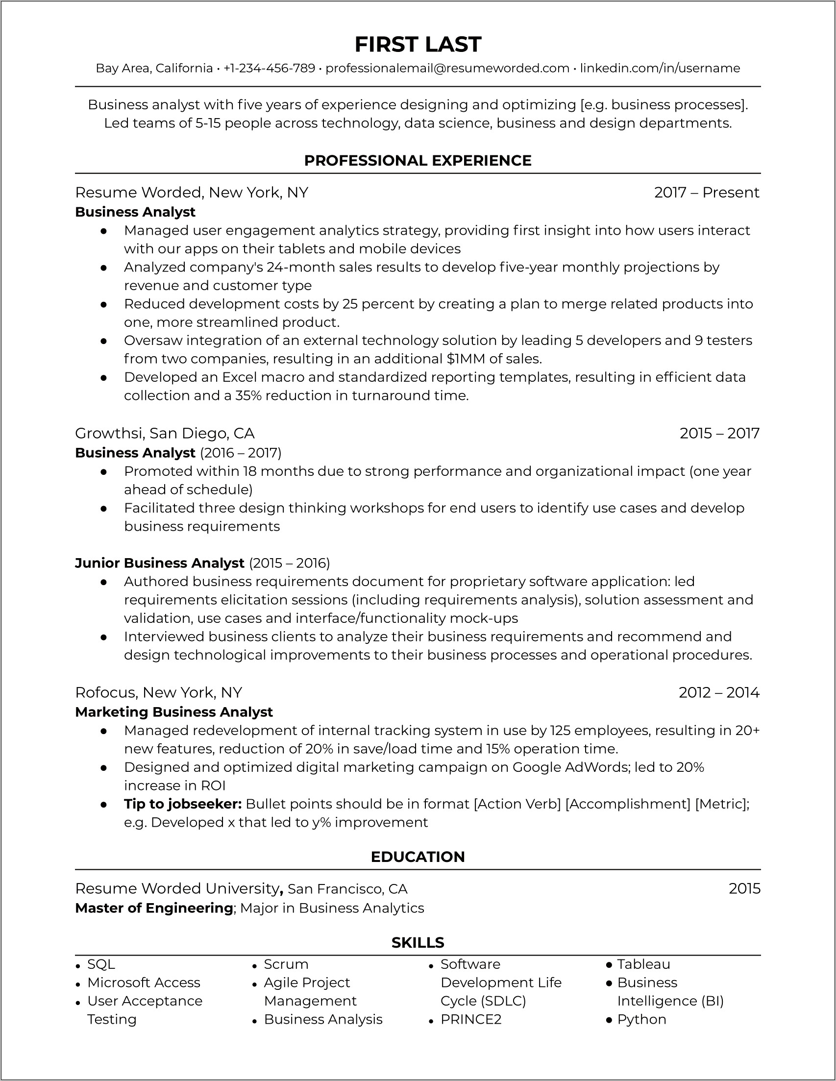 Business Analyst Resume Sample 2018